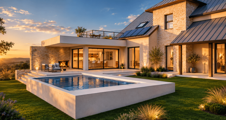 Extension contemporaine avec toit-terrasse, piscine et restructuration intérieure